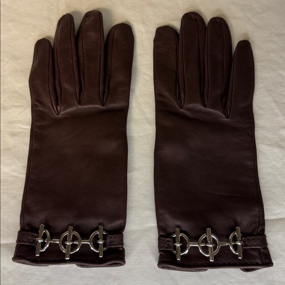 Hermès Grennan Leather Gloves – Brown | Silver Hardware | Size 7.5 - Picture 2 of 6